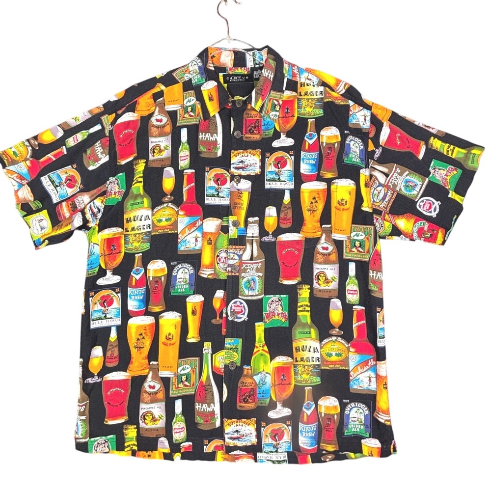Cactus Black Label Mens XL Hawaiian Beer Label Print Short Sleeve Button Down
